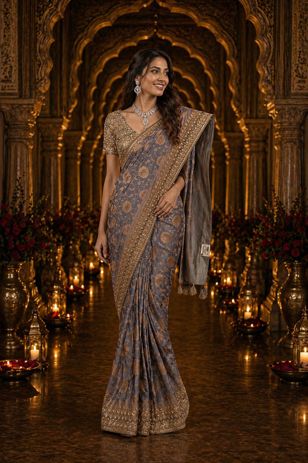 Grey Floral Designer Saree - View 1