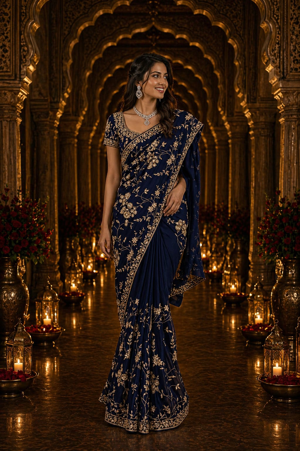 Navy Blue Designer Saree - View 1
