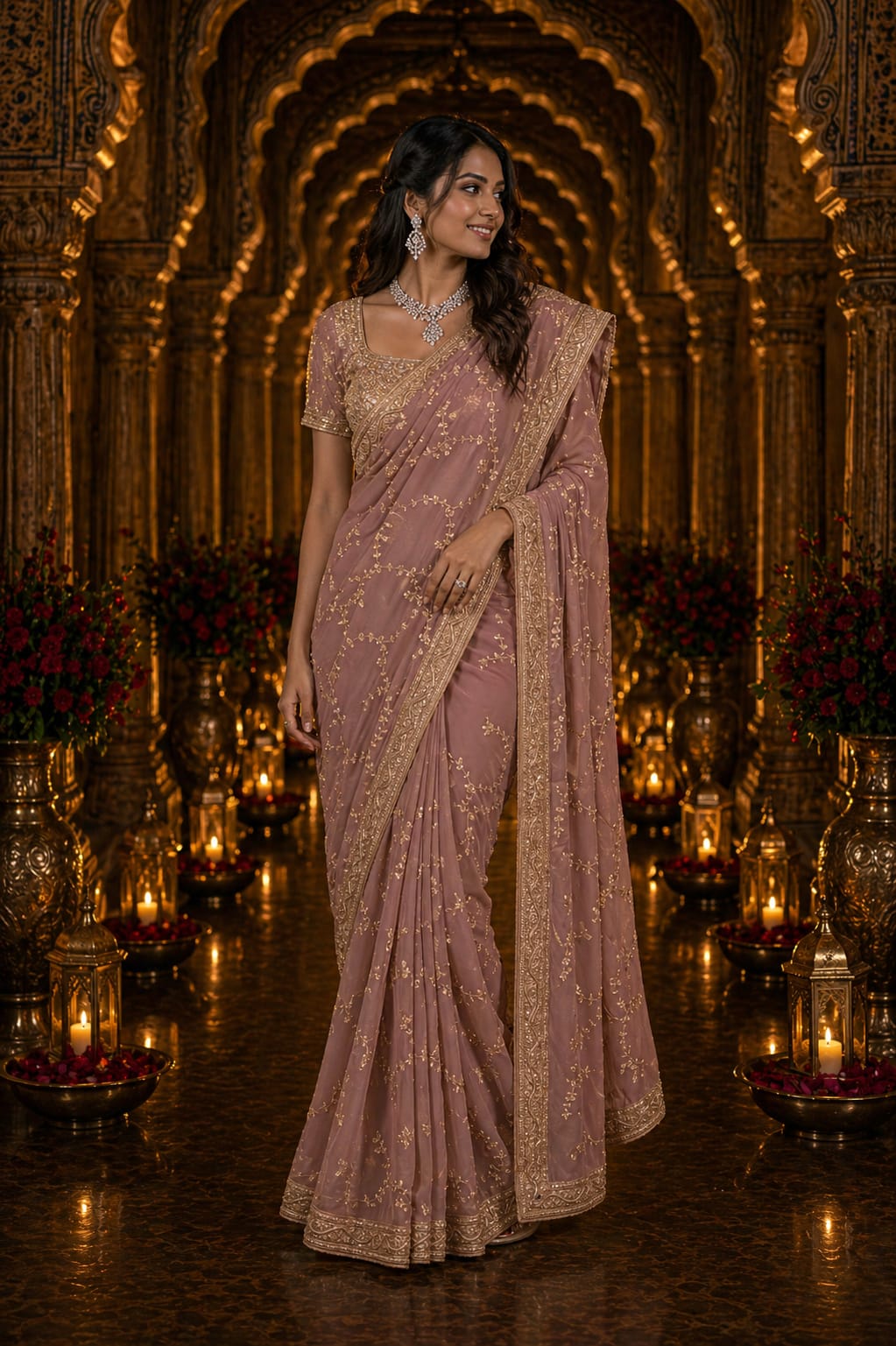Dusty Rose Designer Saree - View 1