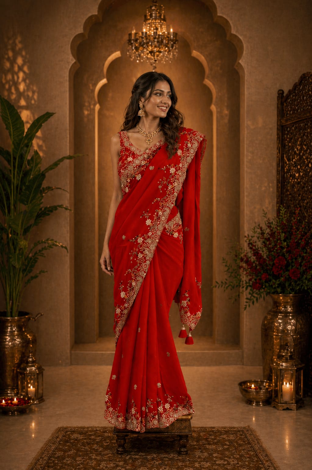Red Embroidered Designer Saree - View 1