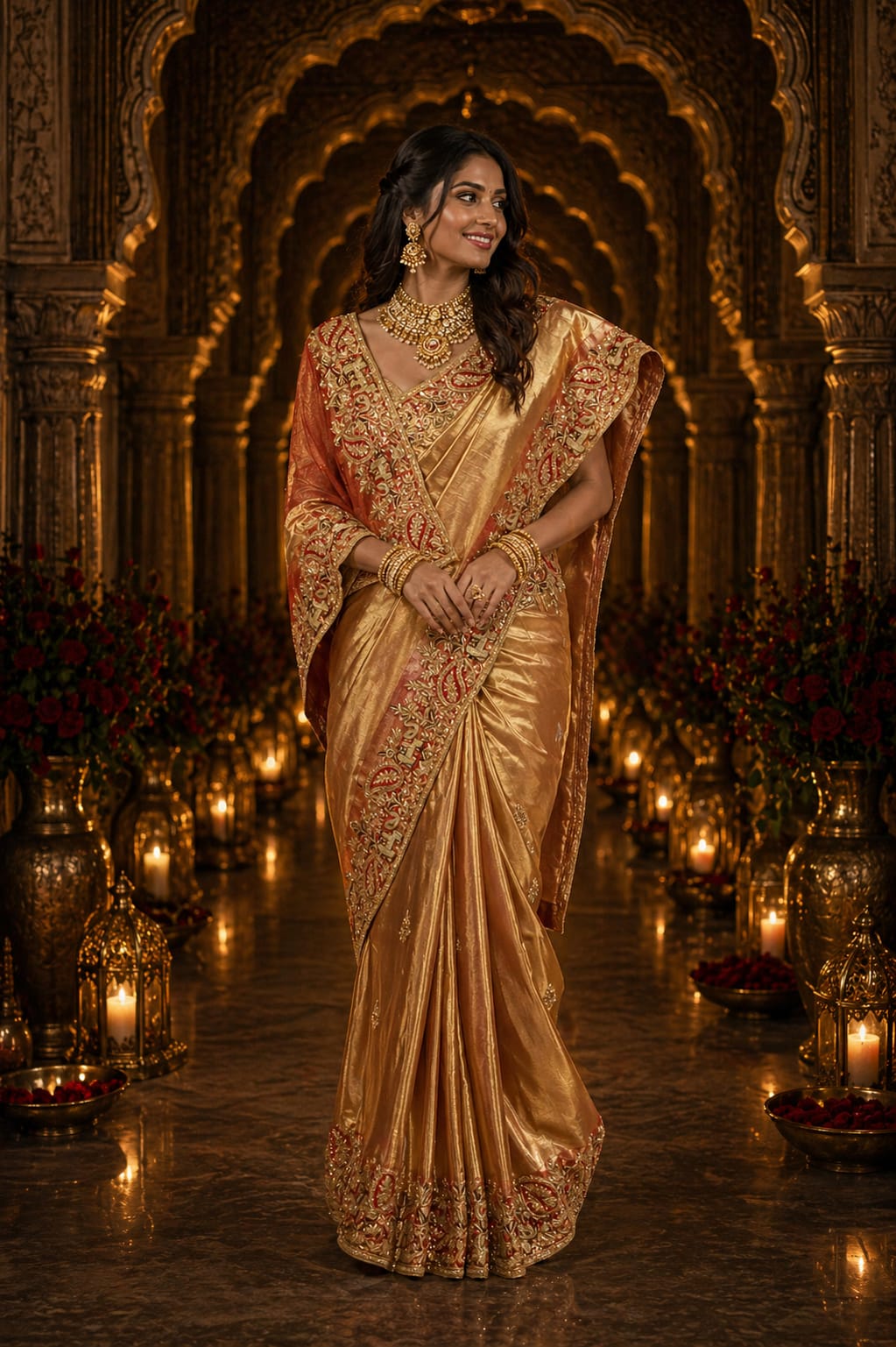 Golden Tissue Bridal Saree - View 1