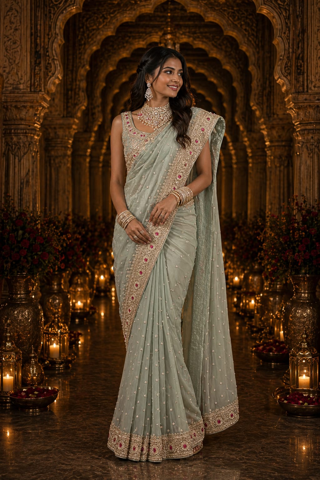 Sage Green Designer Saree - View 1