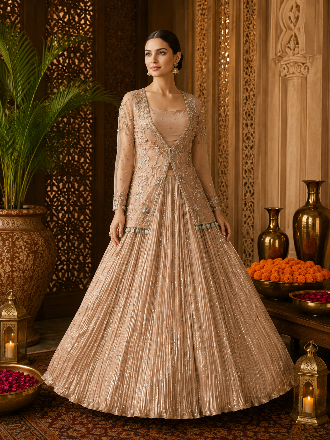 Beige Gold Embroidered Festival Lehenga - View 1