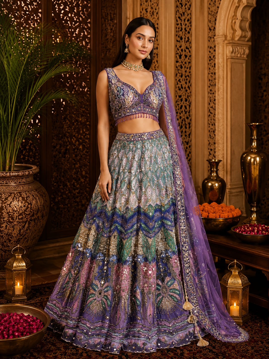 Purple Multi-Color Festival Lehenga - View 1