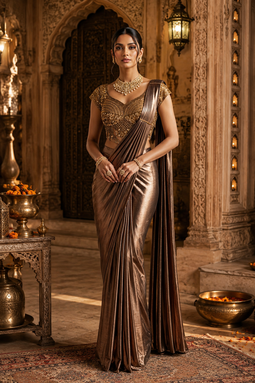Gold Metallic Indo Western Pre-Draped Saree - View 1