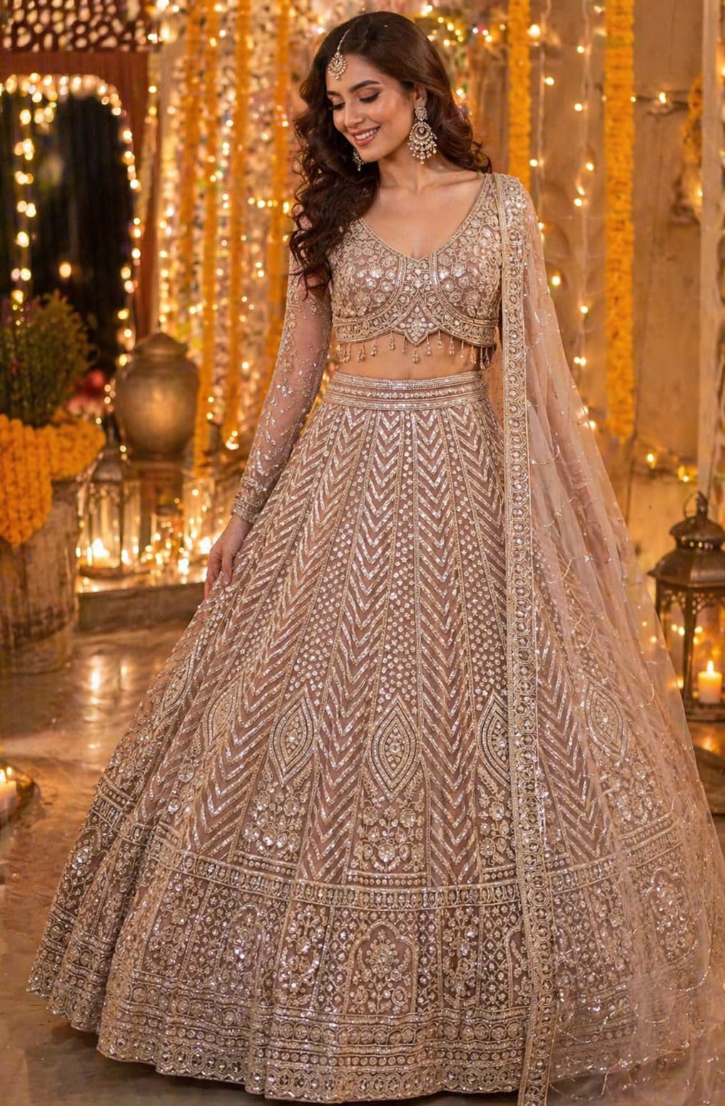 Rose Gold Crystal Lehenga - View 1