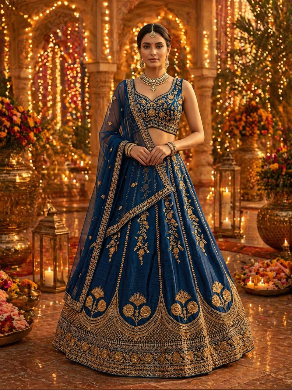 Royal Blue Gold Embroidered Lehenga - View 1