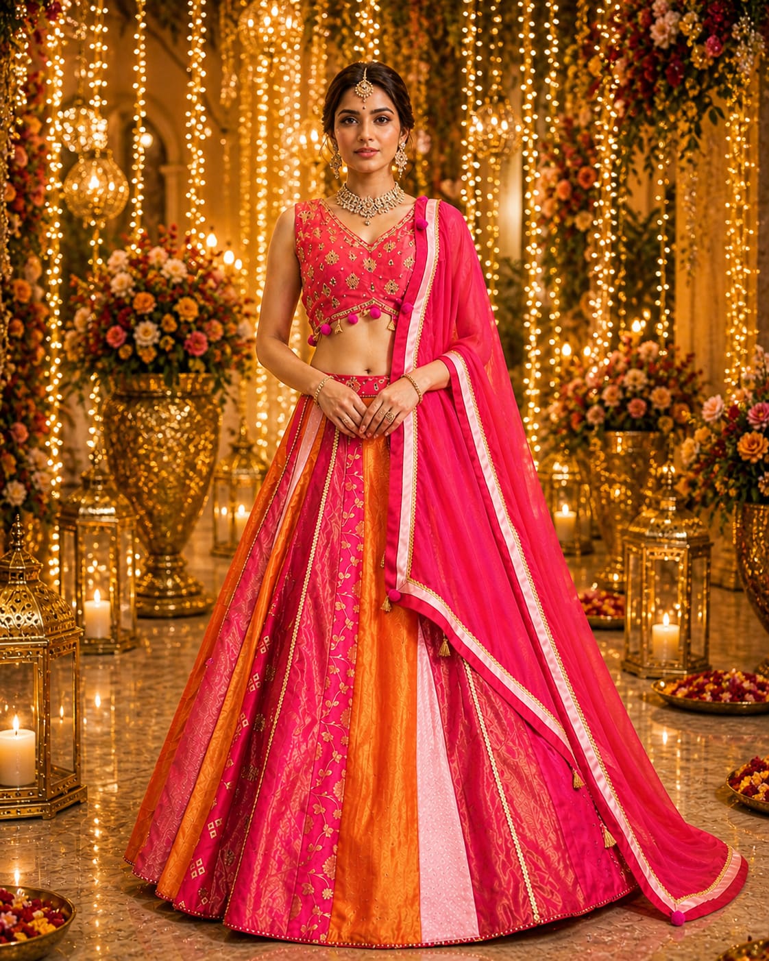 Pink Orange Brocade Lehenga - View 1