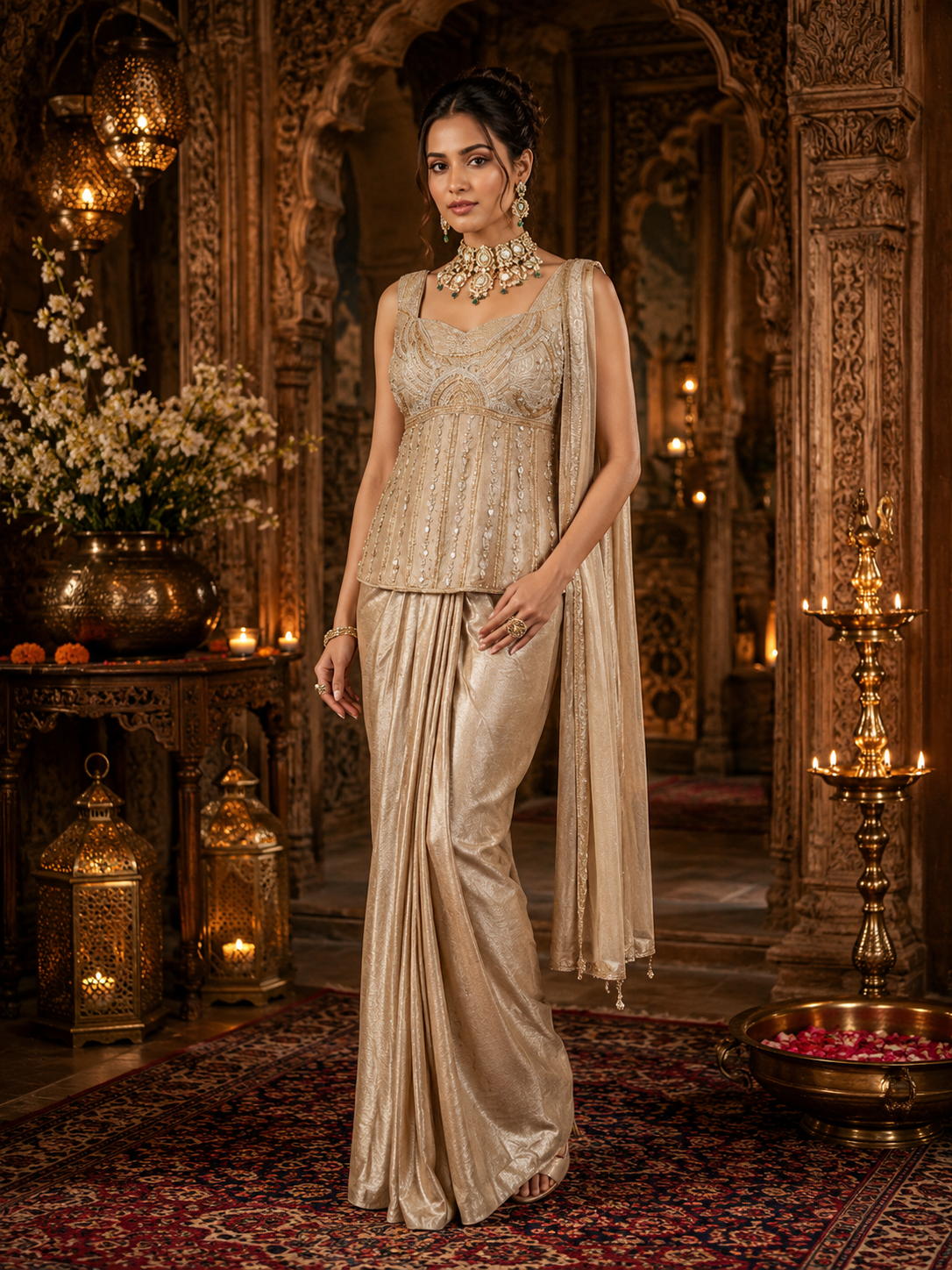Cream Beige Pearl Beaded Pre-Draped Saree - View 1