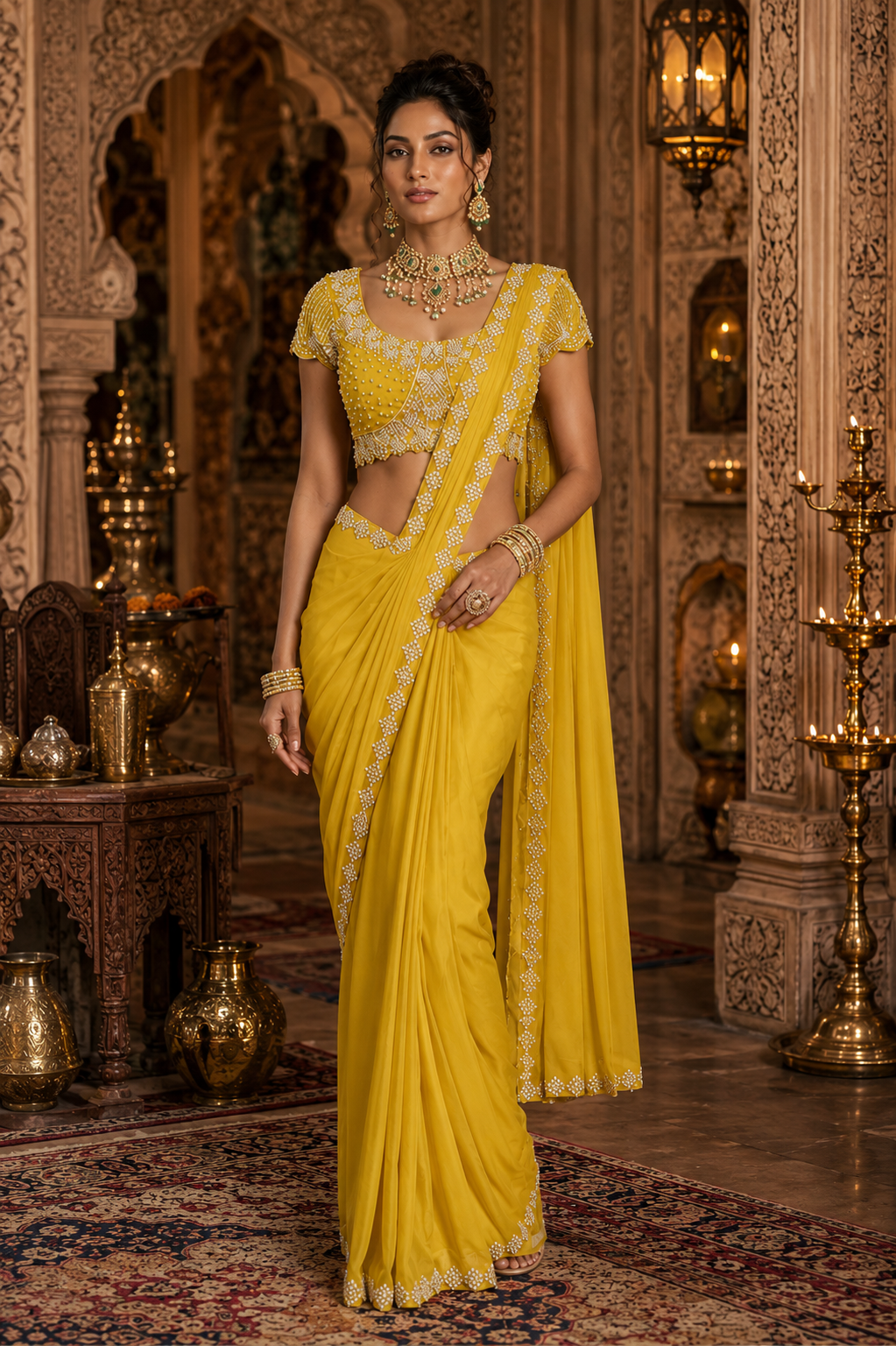 Yellow Gold Zari Pre-Draped Saree - View 1