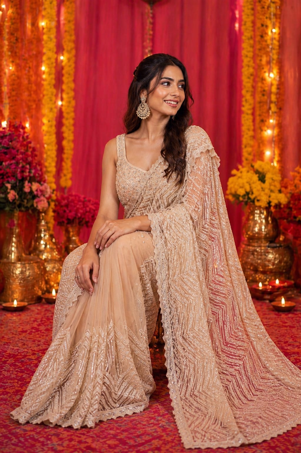 Beige Embroidered Party Saree
