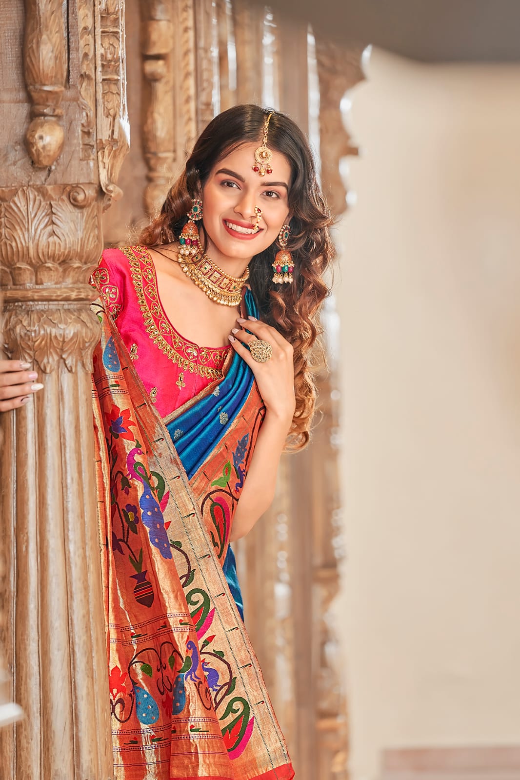 Blue Paithani Silk Saree with Peacock Motifs - View 1
