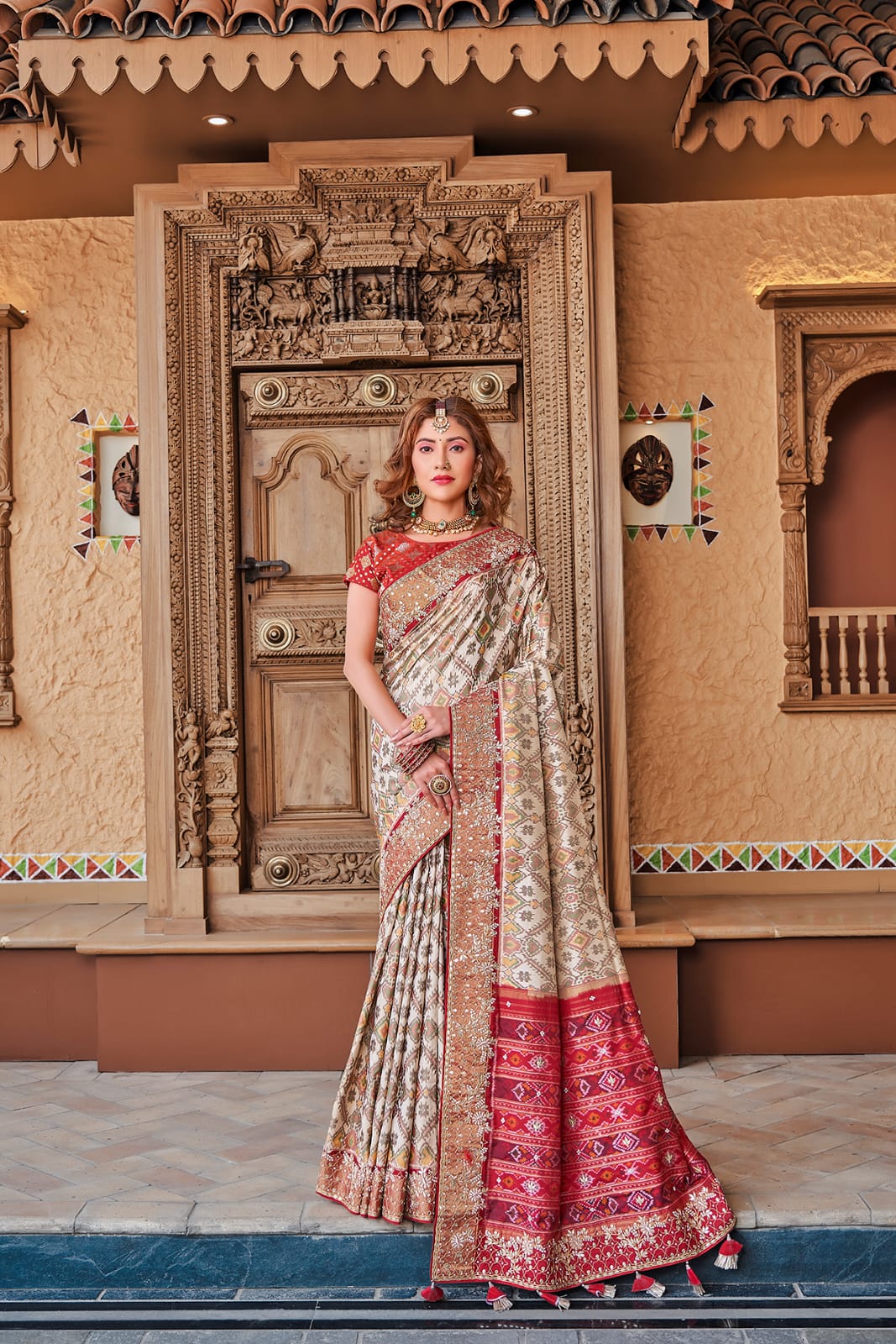 Cream Patola Silk Saree with Red Border - View 1