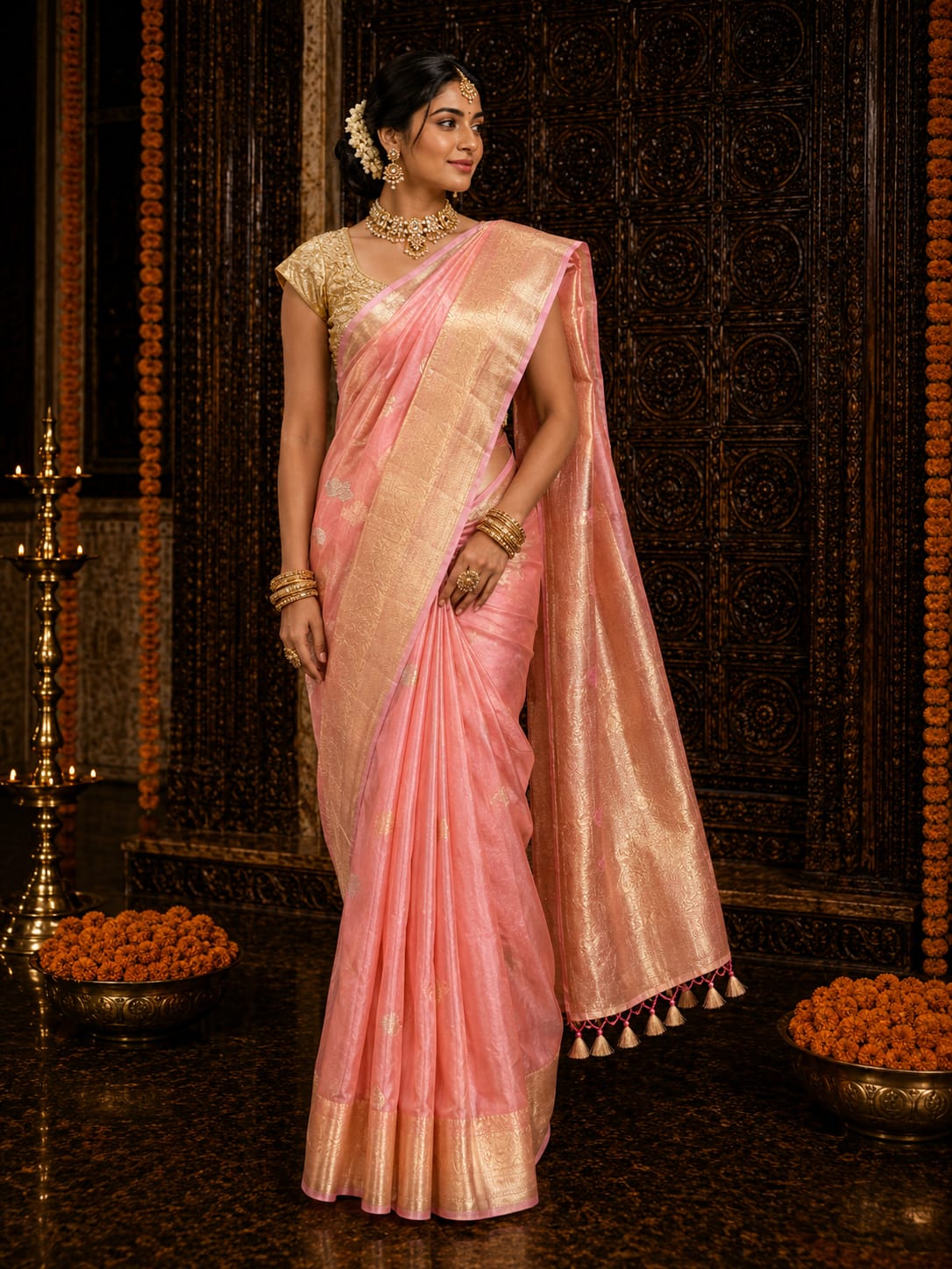 Pink and Gold Kora Silk Saree - View 1