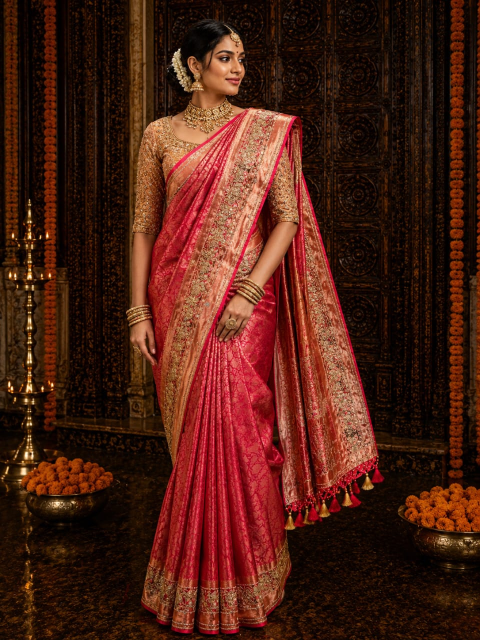 Red and Gold Paithani Silk Saree - View 1