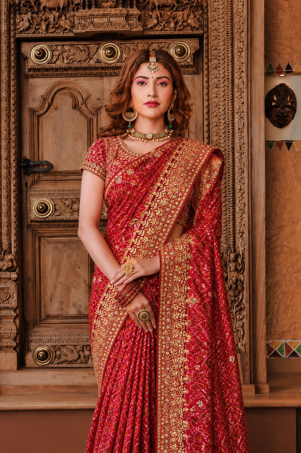 Red Silk Saree with Gold Embroidery