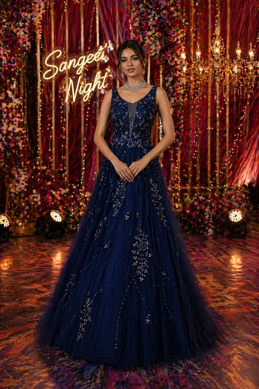 Midnight Blue Sangeet Gown - View 1