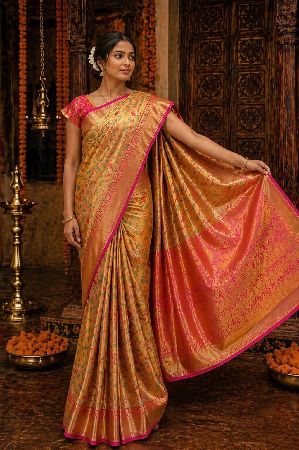 Golden Kanjivaram Silk Saree - View 1