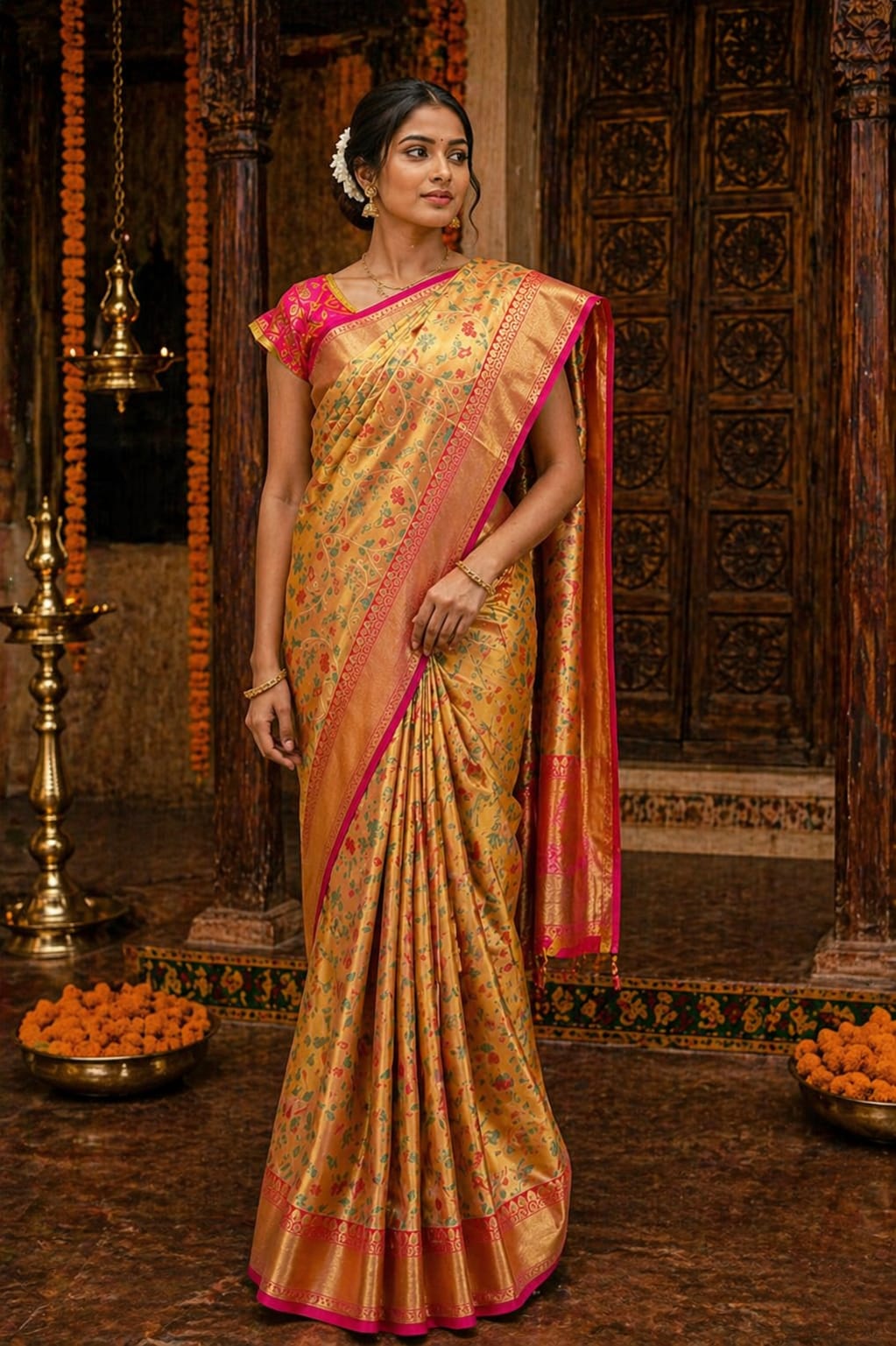 Golden Kanjivaram Silk Saree - View 2