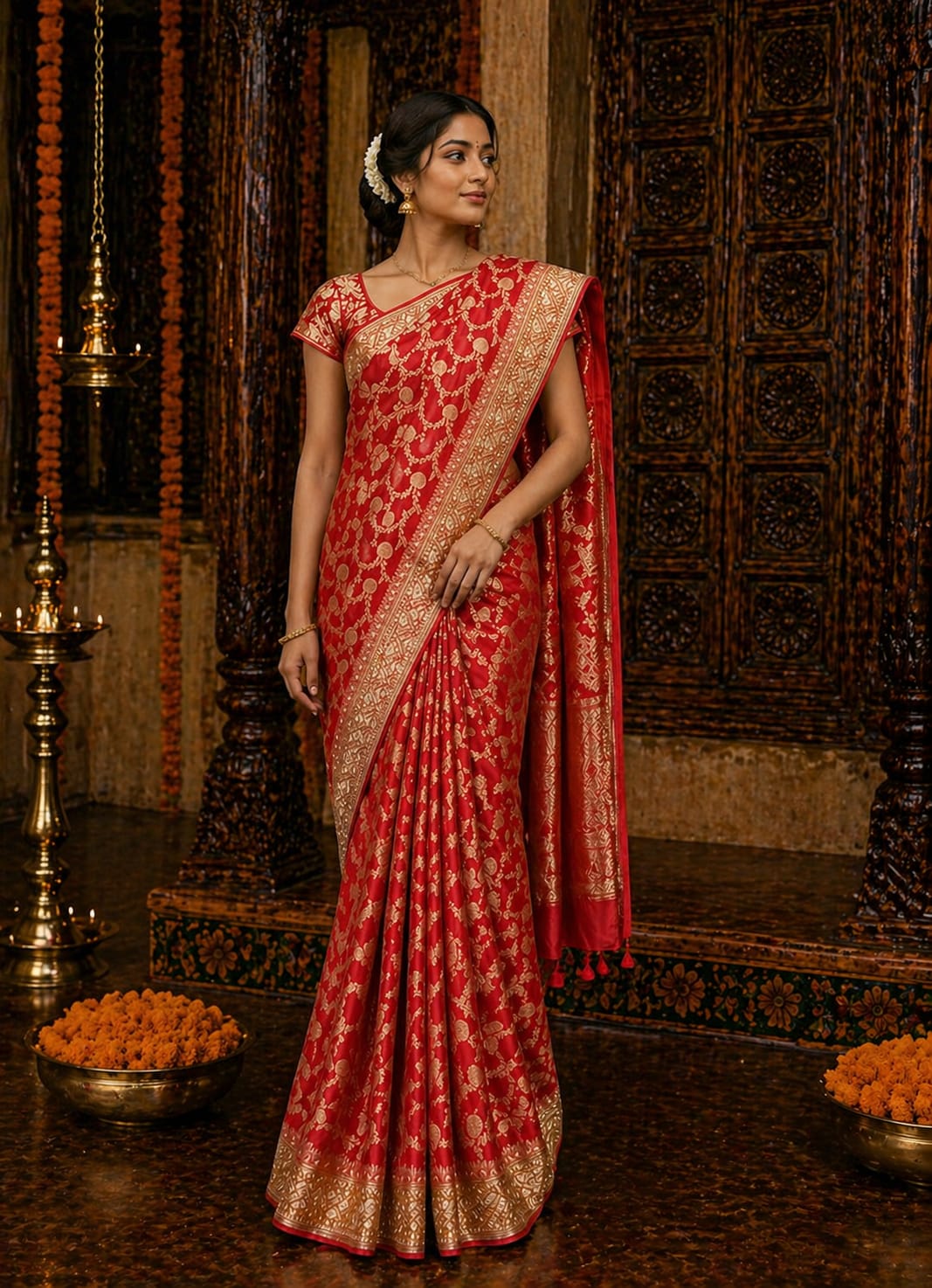 Red Banarasi Silk Saree - View 1