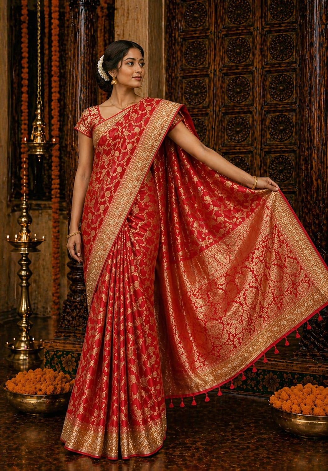Red Banarasi Silk Saree - View 2