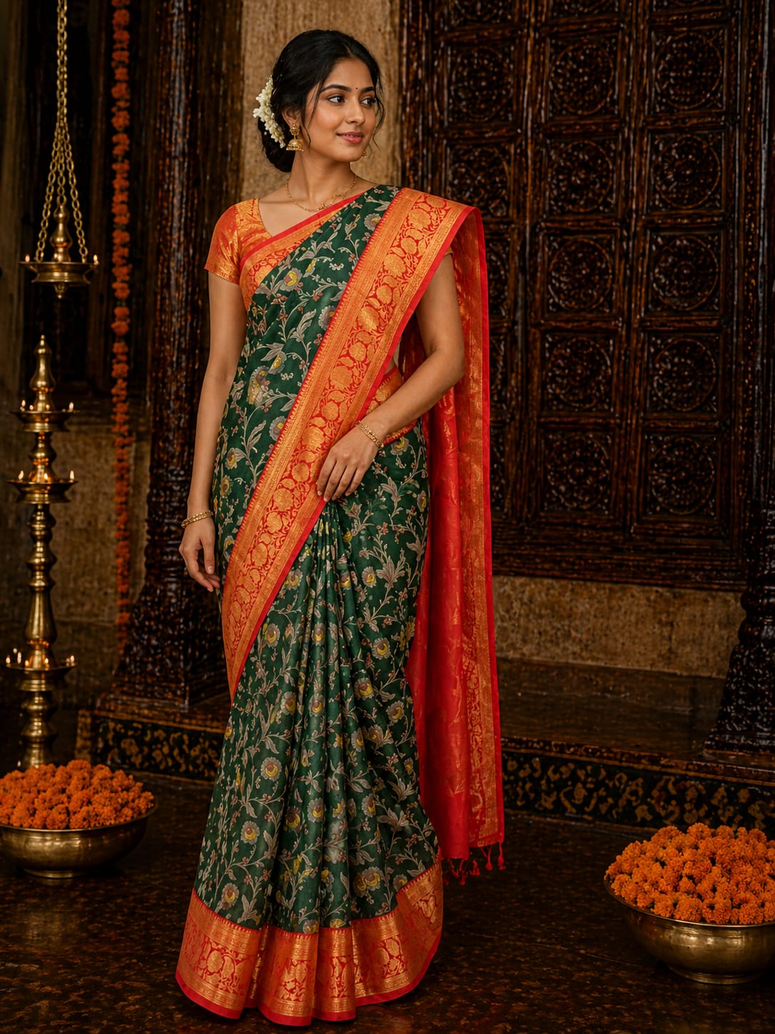 Bottle Green Silk Saree - View 1