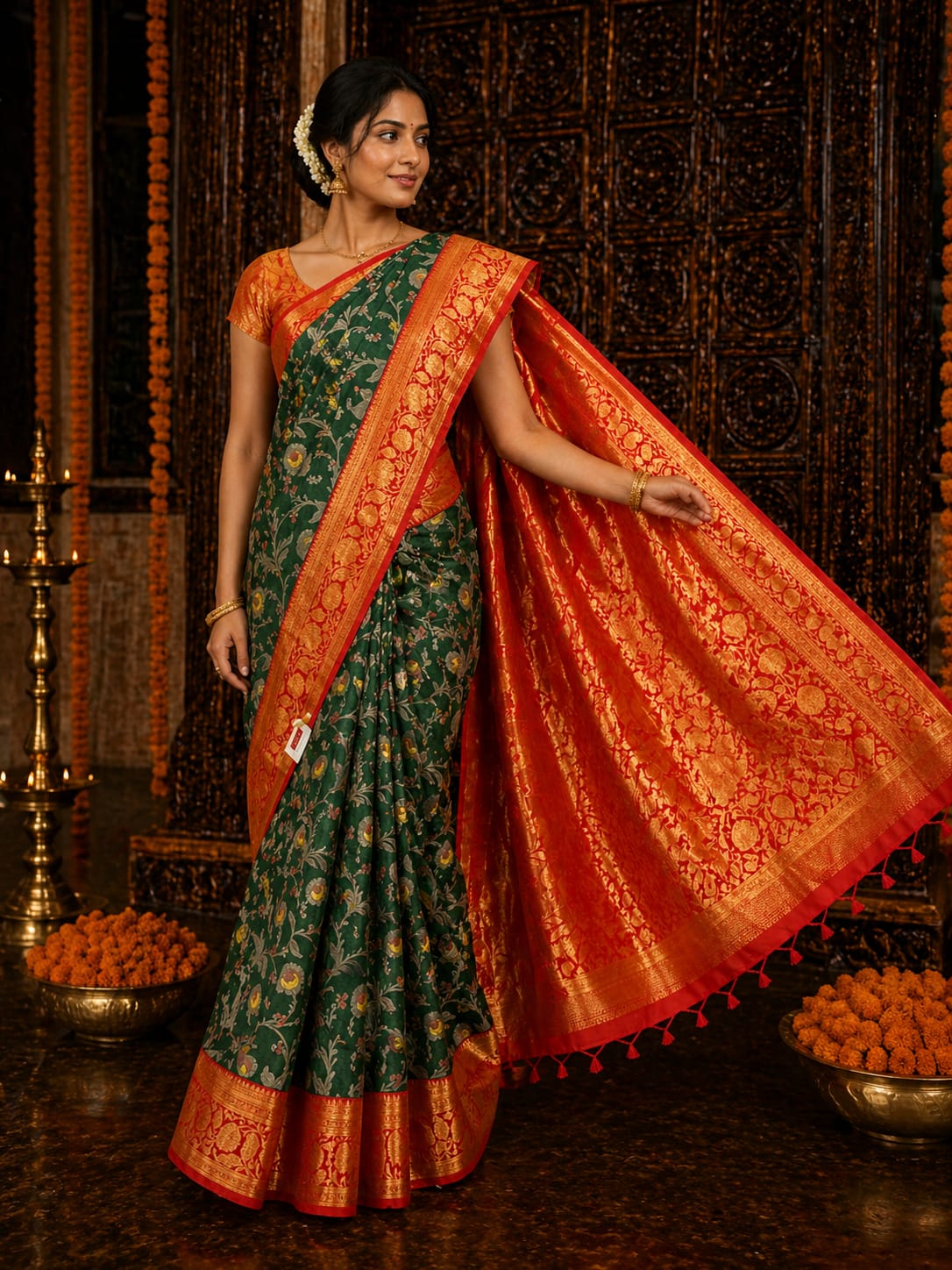 Bottle Green Silk Saree - View 2