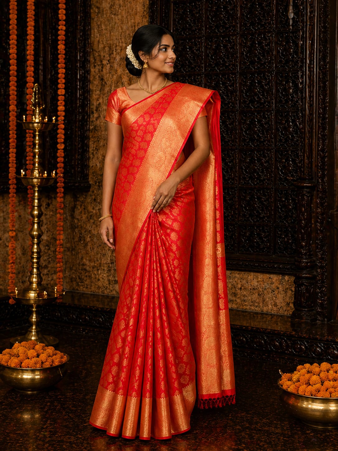 Coral Kanjivaram Silk Saree - View 1