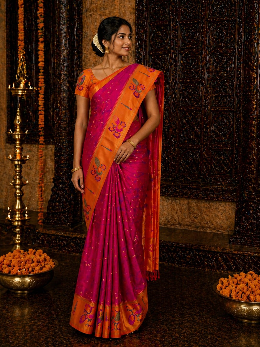 Pink Munia Paithani Silk Saree - View 1