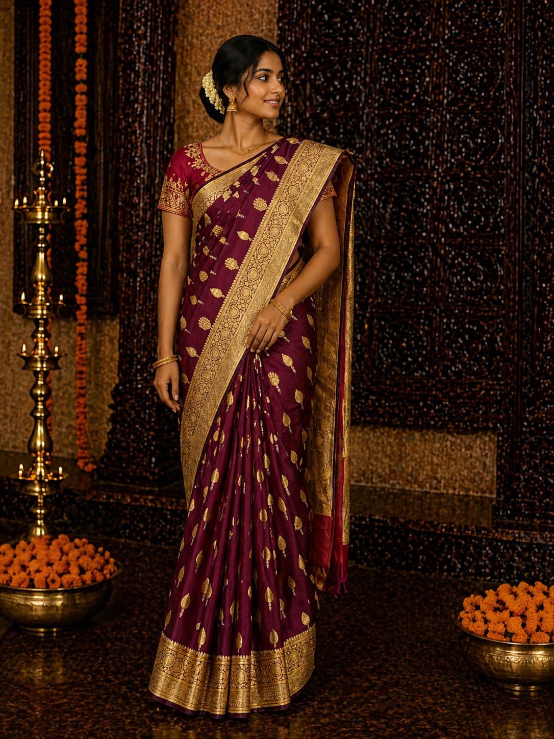 Maroon Banarasi Silk Saree - View 1