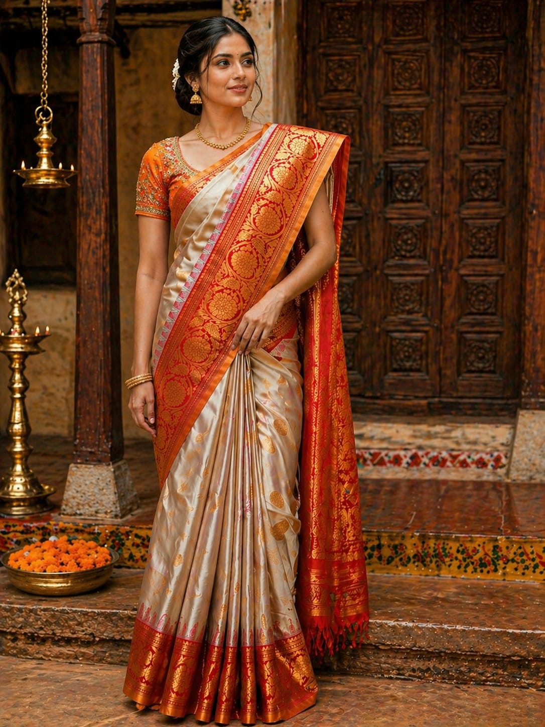 Cream Kanjivaram Silk Saree - View 1