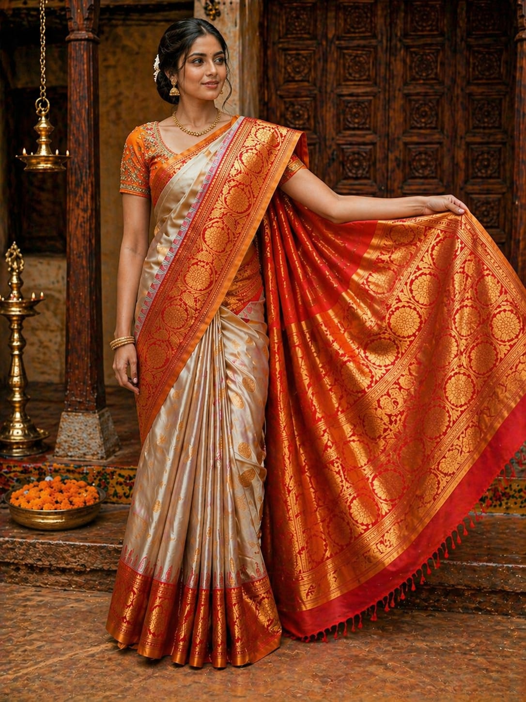 Cream Kanjivaram Silk Saree - View 2