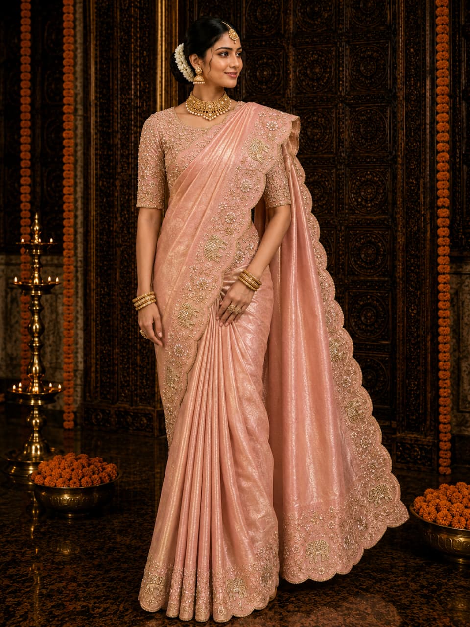 Peach Gold Embroidered Silk Saree - View 1